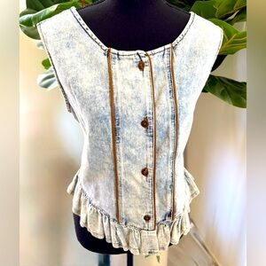 Denim Button-Back Ruffle Top, Sleeveless, Ruffled Peplum, Leather seam detail